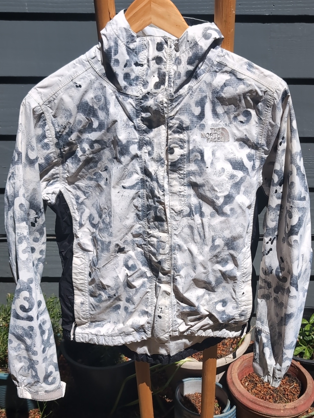 Custom Gorpcore The North Face White and Gray Patterned Hooded Snow Rain Jacket